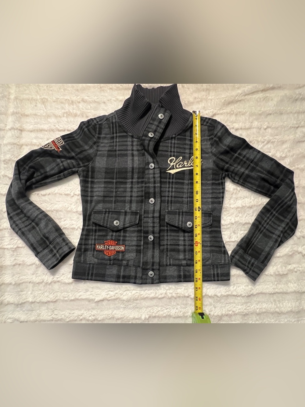 Vintage Harley-Davidson Woman’s Small, gray plaid cropped jacket, Y2K, excellent - Picture 13 of 16